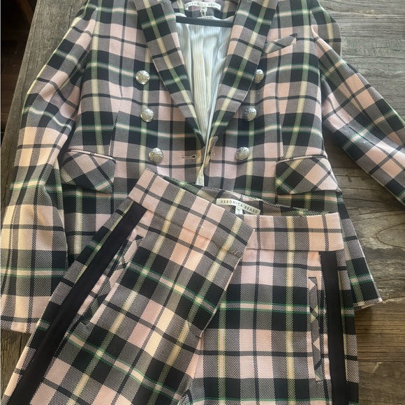 Veronica Beard Pants - Veronica Beard Pink Black and Green Plaid Double-Breasted Blazer & Trousers